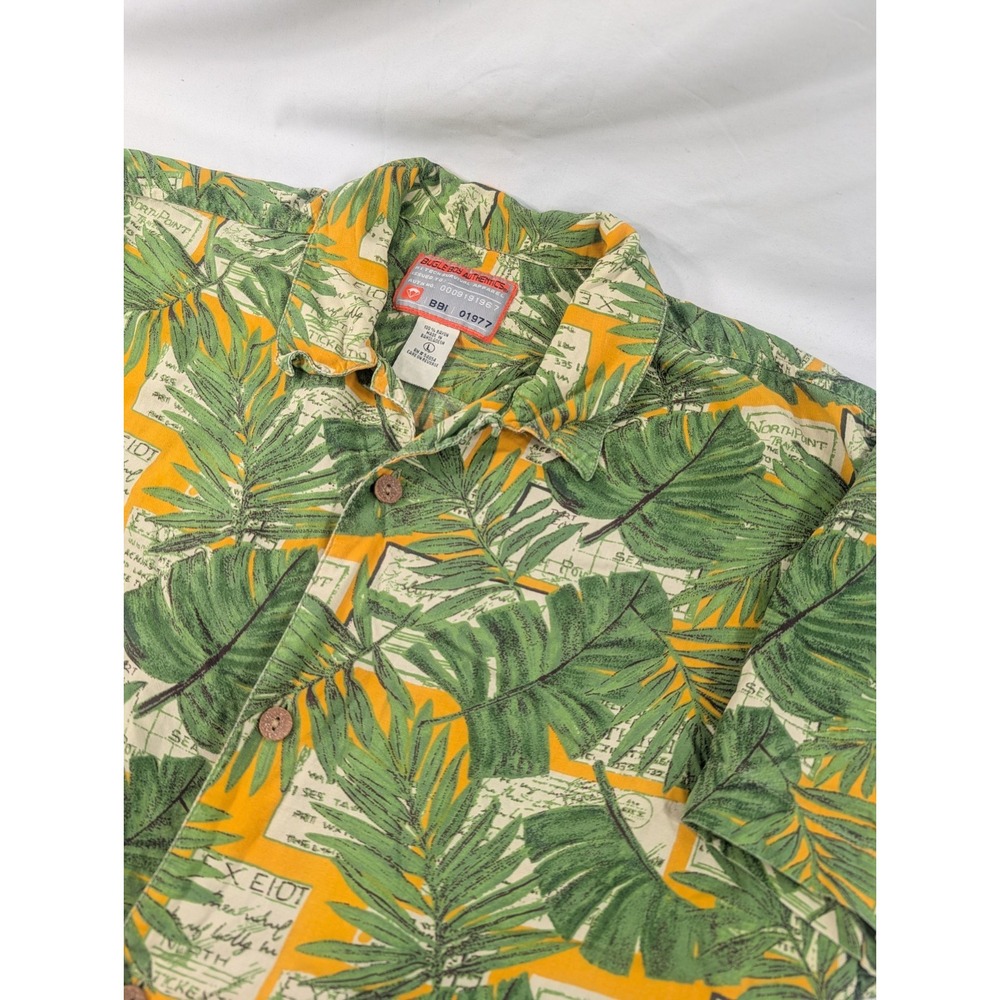 Vintage Bugle Boy Blue Green Hawaiian Shirt Mens L Palms Aloha Floral Vacation